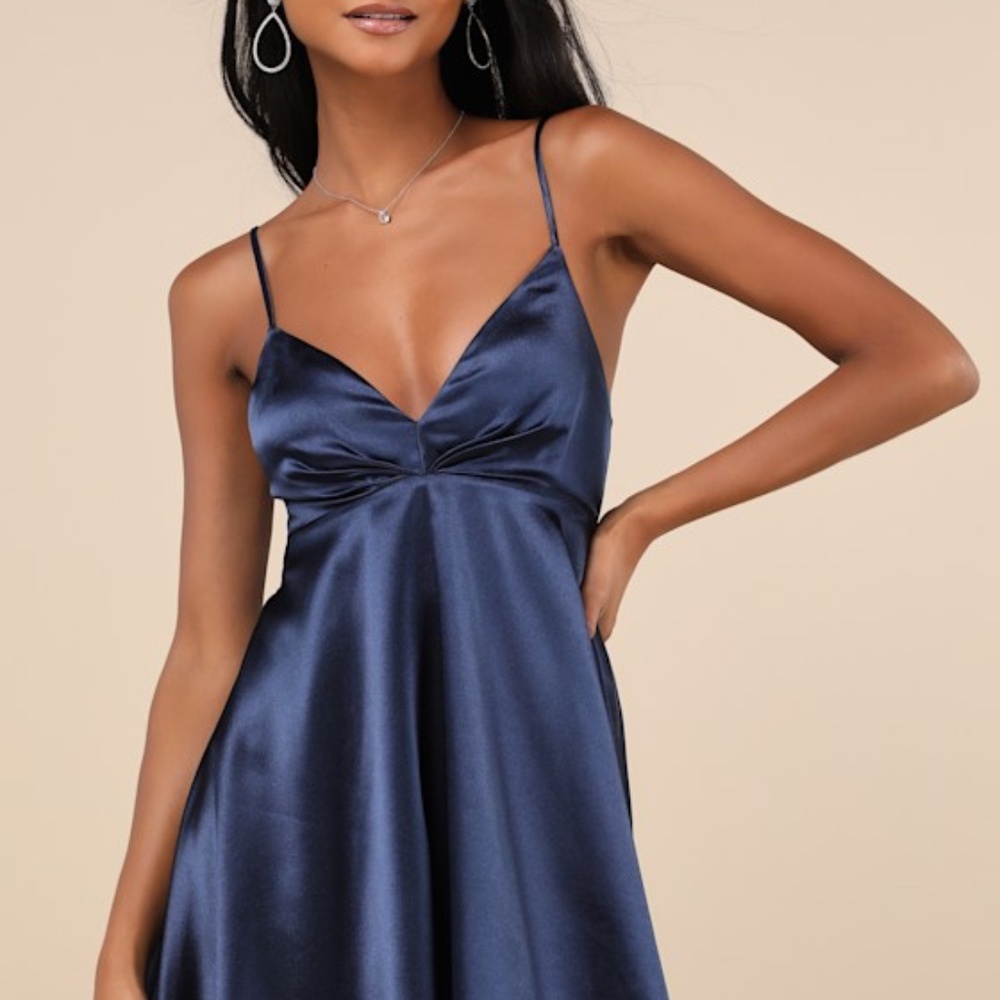 Lulus Happily Yours Navy Blue Satin Skater Mini Dress - Size L